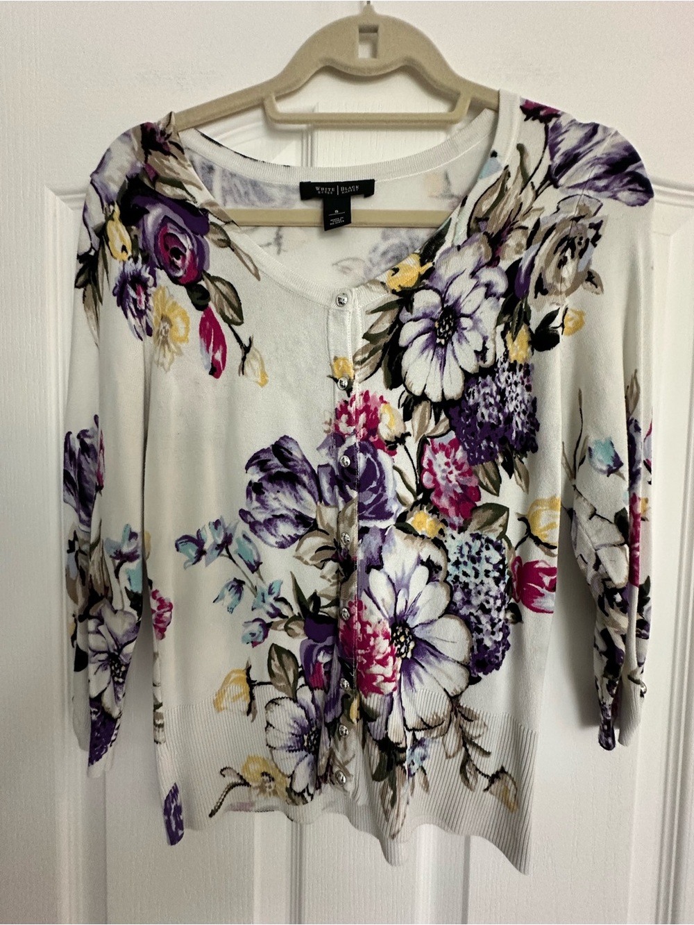 White House Black Market White Floral Button-Front Cardigan with Purple Accents